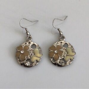 Silver Tone Earrings with Cream and Tan Flowers and Butterflies
